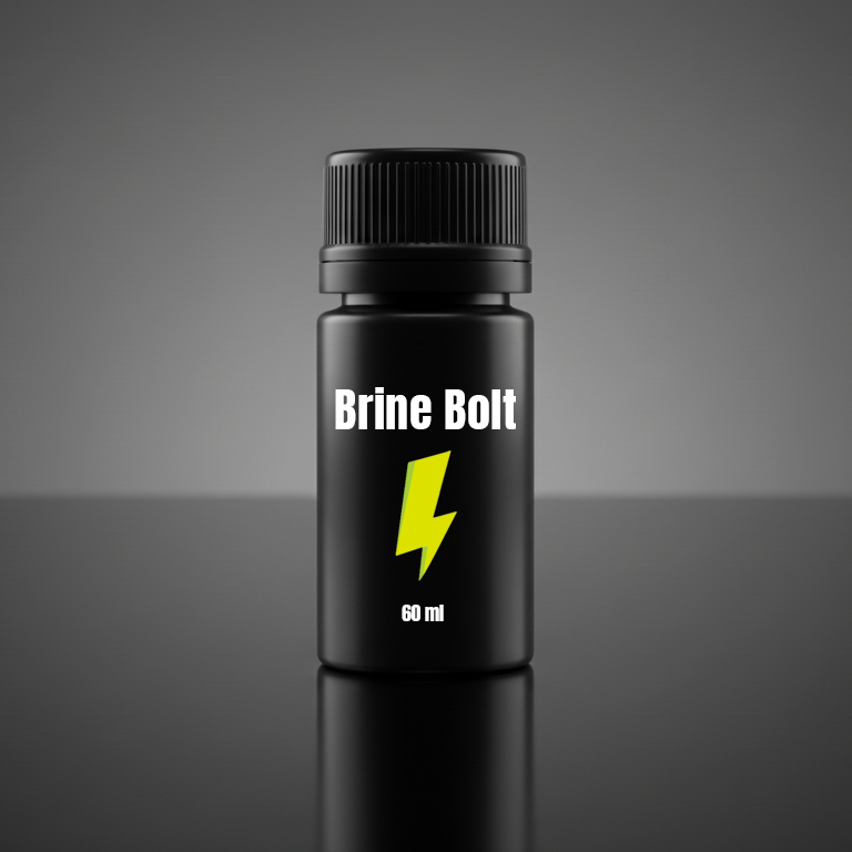 Black bottle labeled 'Brine Bolt' with a yellow lightning bolt on a gray background