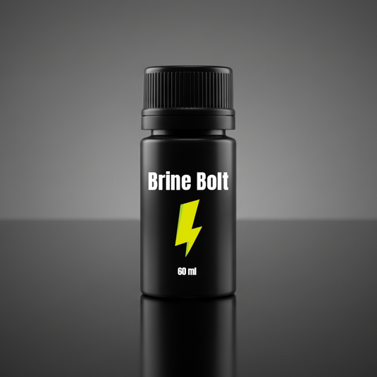 Black bottle labeled 'Brine Bolt' with a yellow lightning bolt on a gray background
